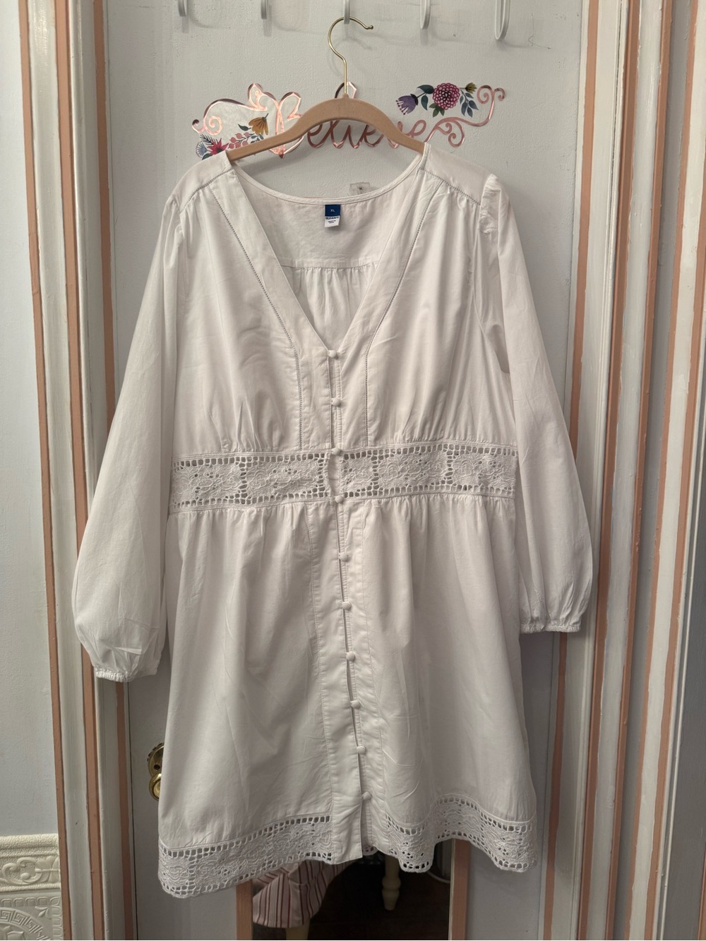 Old Navy White Long Sleeve Button-Front Dress with Lace Trim